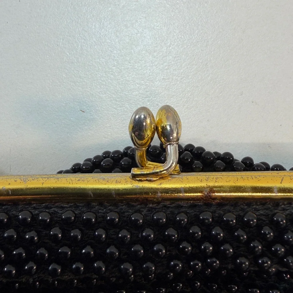 Beaded Evening Bag Small Black Vintage Kiss Lock Frame Purse Retro Glam Coquette